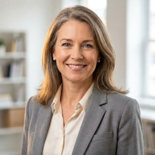 Sarah Coleman op een profielfoto, vermeld als financieel directeur bij Steun Bezittelaar